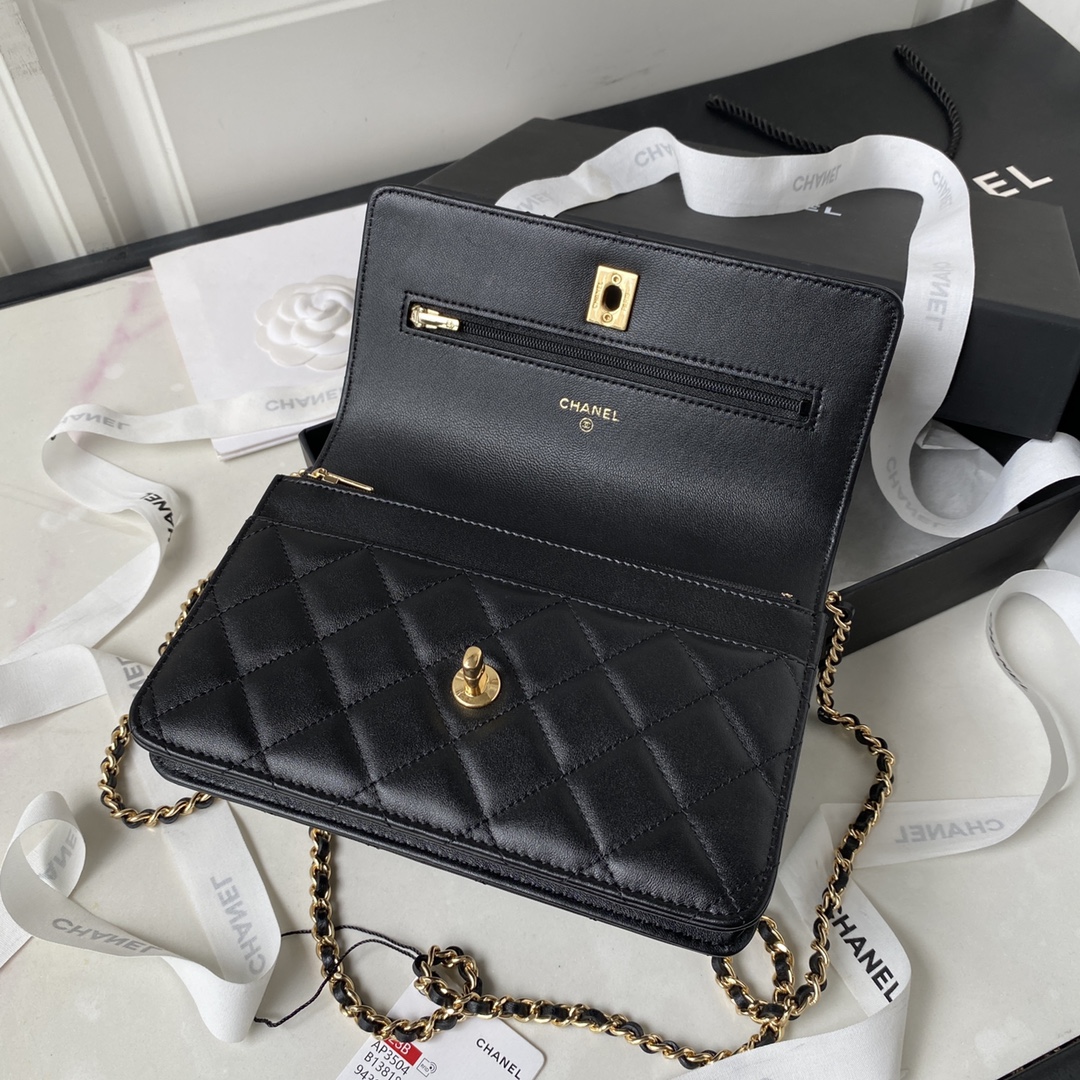 Lambskin Wallet On Chain Shoulder Bag AP3504 Black